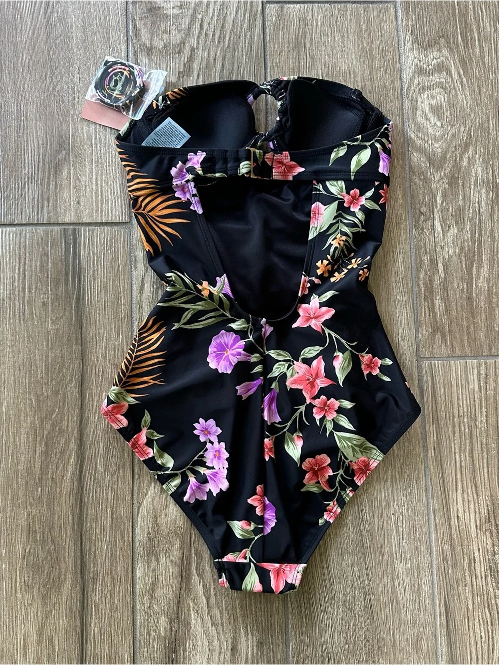 Shade & Shore Black Floral One-Piece Swimsuit with Pink & Purple Blooms size XS